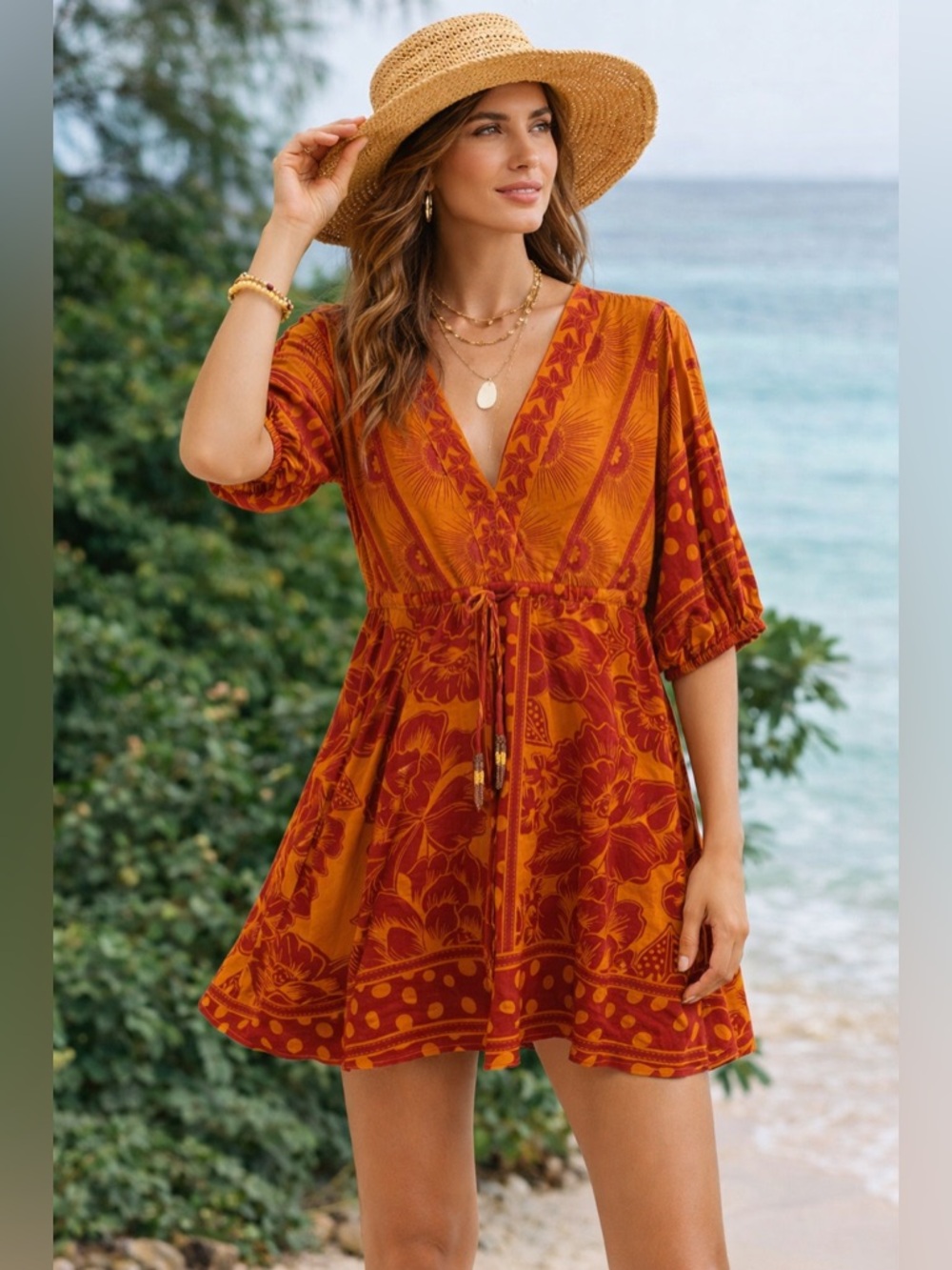FARM Rio Rust Red and Burnt Orange Floral V-Neck Dress